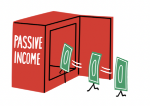 box with passive income written on it and money walking in