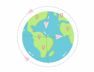globe with lots of location pins and airplanes moving